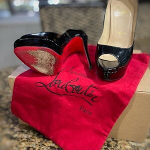 Christian Louboutin 6.5 Black Peep-Toe Heels with Red Soles 475